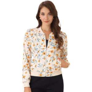 imageAllegra K Womens Bomber Jacket Satin Long Sleeve Zipper Floral Print Casual Fall Coat with Pocket Winter OutwearApricot Blue