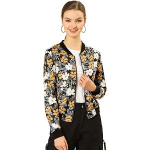 imageAllegra K Womens Bomber Jacket Satin Long Sleeve Zipper Floral Print Casual Fall Coat with Pocket Winter OutwearBlack