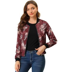 imageAllegra K Womens Bomber Jacket Satin Long Sleeve Zipper Floral Print Casual Fall Coat with Pocket Winter OutwearBurgundy