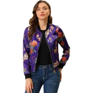 imageAllegra K Womens Bomber Jacket Satin Long Sleeve Zipper Floral Print Casual Fall Coat with Pocket Winter OutwearDeep Purple