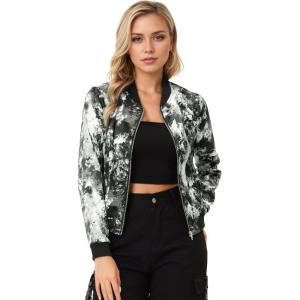imageAllegra K Womens Bomber Jacket Satin Long Sleeve Zipper Floral Print Casual Fall Coat with Pocket Winter OutwearGray