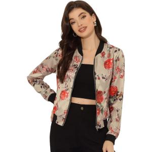 imageAllegra K Womens Bomber Jacket Satin Long Sleeve Zipper Floral Print Casual Fall Coat with Pocket Winter OutwearKhaki