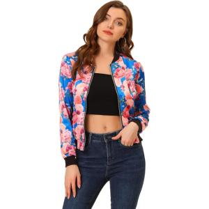 imageAllegra K Womens Bomber Jacket Satin Long Sleeve Zipper Floral Print Casual Fall Coat with Pocket Winter OutwearLake Blue