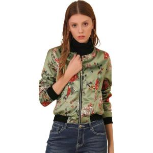 imageAllegra K Womens Bomber Jacket Satin Long Sleeve Zipper Floral Print Casual Fall Coat with Pocket Winter OutwearLight Green