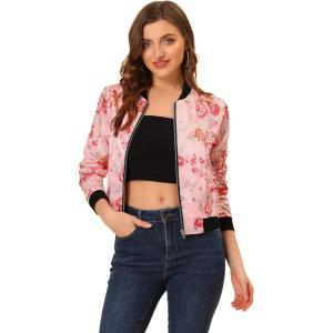 imageAllegra K Womens Bomber Jacket Satin Long Sleeve Zipper Floral Print Casual Fall Coat with Pocket Winter OutwearPink