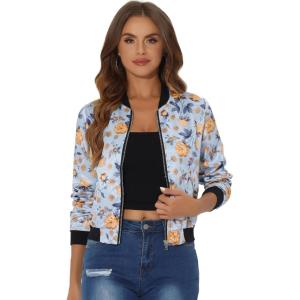 imageAllegra K Womens Bomber Jacket Satin Long Sleeve Zipper Floral Print Casual Fall Coat with Pocket Winter OutwearSky Blue