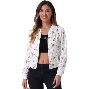 imageAllegra K Womens Bomber Jacket Satin Long Sleeve Zipper Floral Print Casual Fall Coat with Pocket Winter OutwearWhite Red