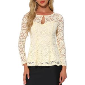 imageAllegra K Womens Dressy Top Formal Wedding Guest Long Sleeve Lace Peplum BlouseBeige