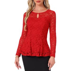 imageAllegra K Womens Dressy Top Formal Wedding Guest Long Sleeve Lace Peplum BlouseRed