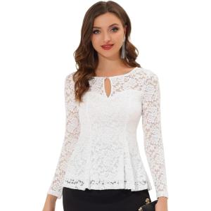 imageAllegra K Womens Dressy Top Formal Wedding Guest Long Sleeve Lace Peplum BlouseWhite