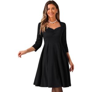 imageAllegra K Womens Elegant 34 Sleeve High Waist Sweetheart Neck ALine Pleated Midi DressBlack