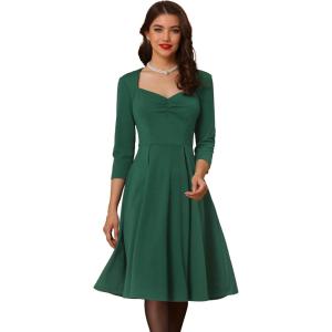 imageAllegra K Womens Elegant 34 Sleeve High Waist Sweetheart Neck ALine Pleated Midi DressDark Green