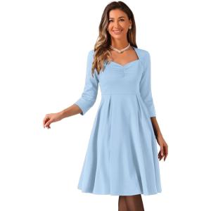imageAllegra K Womens Elegant 34 Sleeve High Waist Sweetheart Neck ALine Pleated Midi DressLight Blue