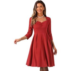 imageAllegra K Womens Elegant 34 Sleeve High Waist Sweetheart Neck ALine Pleated Midi DressRed