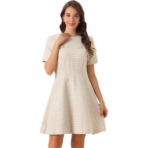 imageAllegra K Womens Elegant Short Sleeve Aline Dresses Plaid Tweed DressYellow