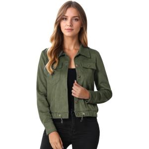 imageAllegra K Womens Faux Suede Jacket Button Down Collar Cropped Biker Motorcycle Jacket Fall Winter CoatArmy Green