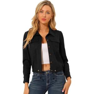 imageAllegra K Womens Faux Suede Jacket Button Down Collar Cropped Biker Motorcycle Jacket Fall Winter CoatBlack