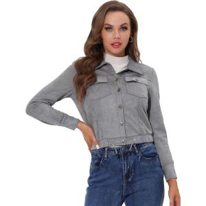 imageAllegra K Womens Faux Suede Jacket Button Down Collar Cropped Biker Motorcycle Jacket Fall Winter CoatGrey