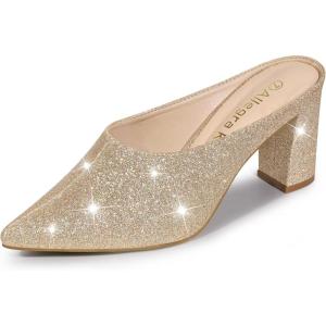 imageAllegra K Womens Glitter Pointed Toe Slip on Chunky Heels Slide MulesGold