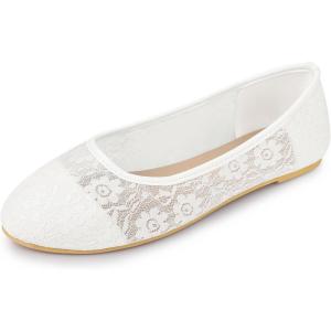 imageAllegra K Womens Lace Mesh Floral Round Toe Slip on Breathable Ballet FlatsWhite