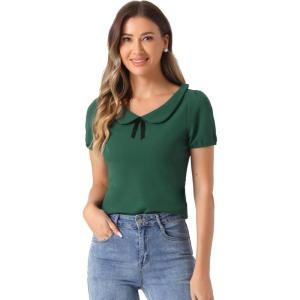 imageAllegra K Womens Peter Pan Collar Shirt Vintage 1950s Solid Short Sleeve BlouseDark Green