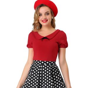 imageAllegra K Womens Peter Pan Collar Shirt Vintage 1950s Solid Short Sleeve BlouseRed