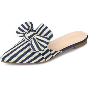 imageAllegra K Womens Pointed Toe Slip on Flat Stripe Bow Slides MulesDark Blue