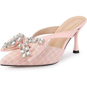 imageAllegra K Womens Pointed Toe Tweed Rhinestone Bow Stiletto Heels MulesPink
