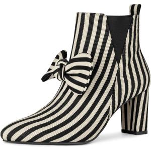imageAllegra K Womens Pointed Toe Zip Striped Chunky Heels Ankle BootsBlack