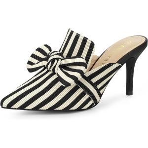 imageAllegra K Womens Stripe Bow Slip on Stiletto Heel Slides MulesBlack