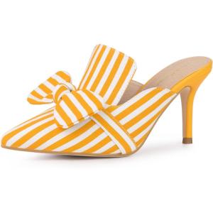 imageAllegra K Womens Stripe Bow Slip on Stiletto Heel Slides MulesYellow