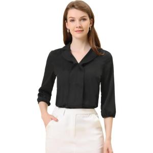 imageAllegra K Womens V Neck 34 Sleeves Collared Work Office Top BlouseBlack