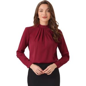 imageAllegra K Work Blouses for Women Stand Collar Long Sleeve Ruched Dressy Business Casual Work ShirtDark Red