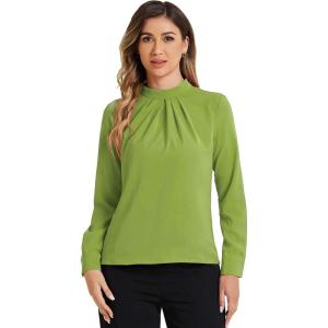 imageAllegra K Work Blouses for Women Stand Collar Long Sleeve Ruched Dressy Business Casual Work ShirtGreen