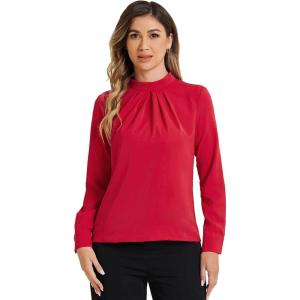 imageAllegra K Work Blouses for Women Stand Collar Long Sleeve Ruched Dressy Business Casual Work ShirtRed
