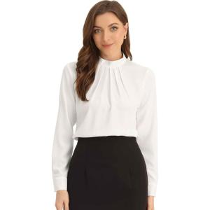 imageAllegra K Work Blouses for Women Stand Collar Long Sleeve Ruched Dressy Business Casual Work ShirtWhite