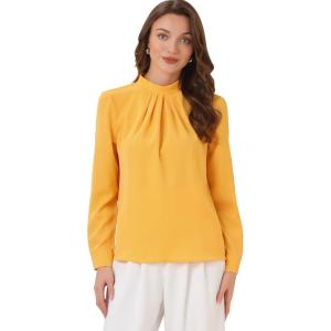 imageAllegra K Work Blouses for Women Stand Collar Long Sleeve Ruched Dressy Business Casual Work ShirtYellow