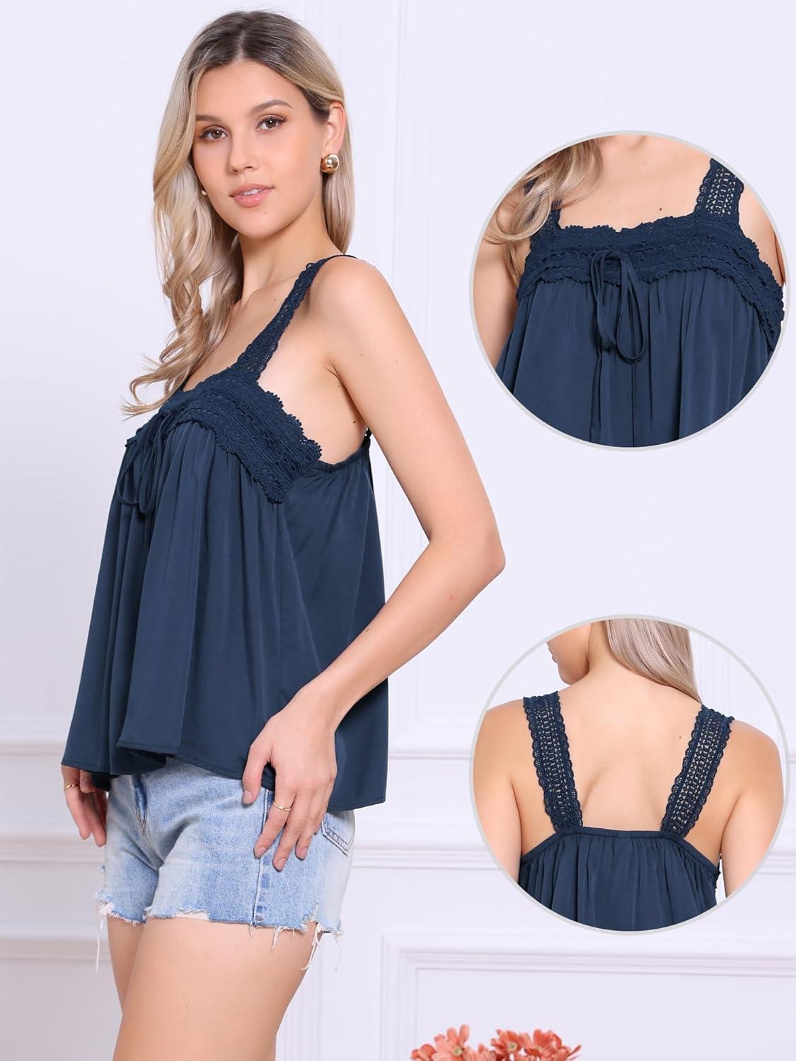 imageAllegra K Casual Sleeveless Top for Womens Square Neck Panel Lace Ruffles Tank TopsDark Blue