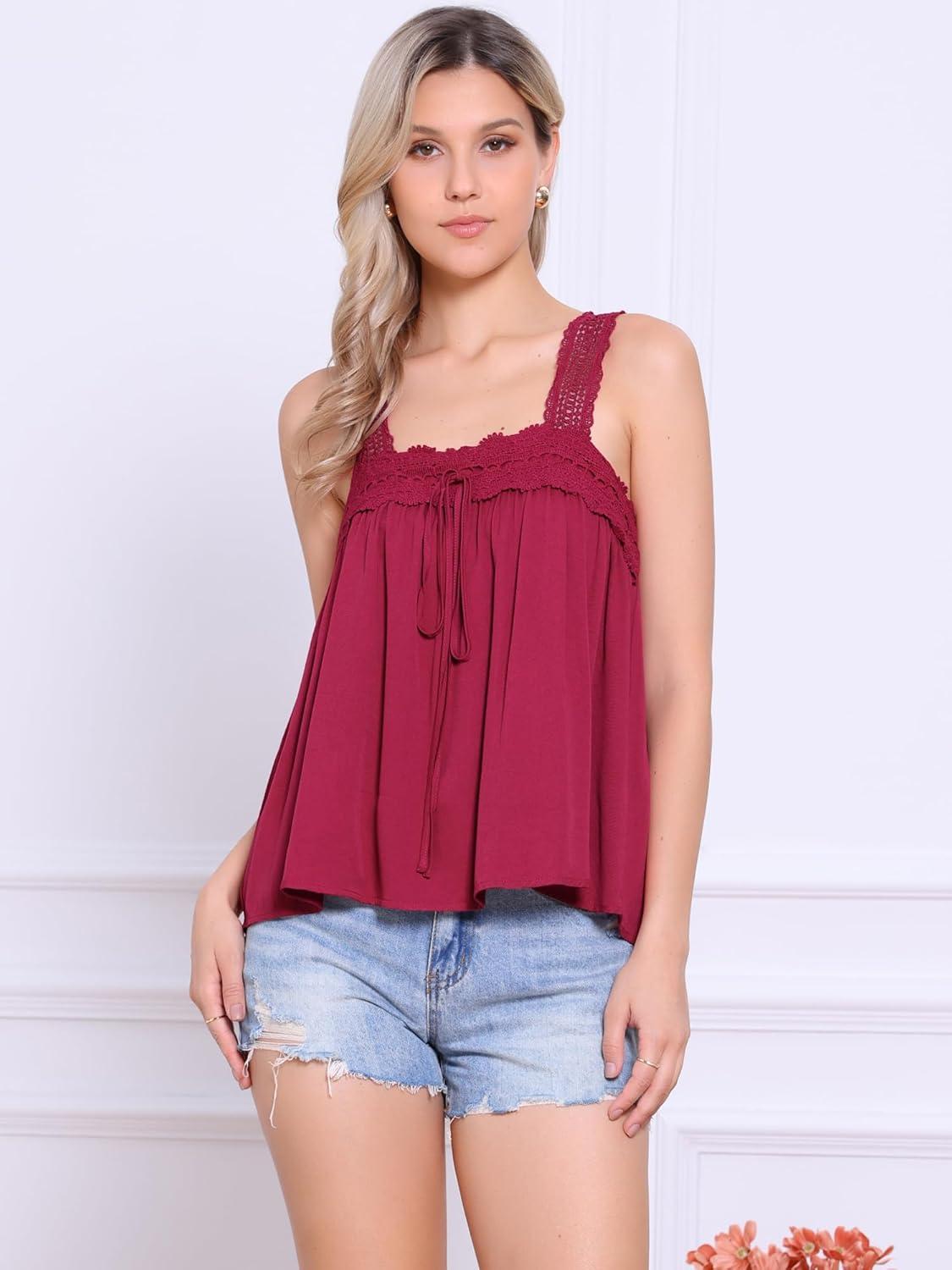imageAllegra K Casual Sleeveless Top for Womens Square Neck Panel Lace Ruffles Tank TopsDark Red