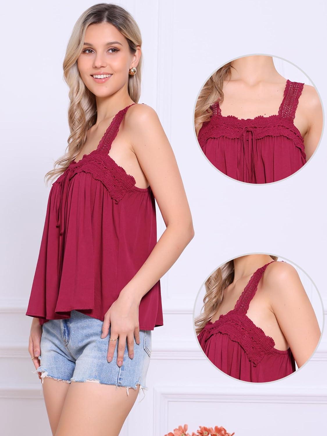 imageAllegra K Casual Sleeveless Top for Womens Square Neck Panel Lace Ruffles Tank TopsDark Red