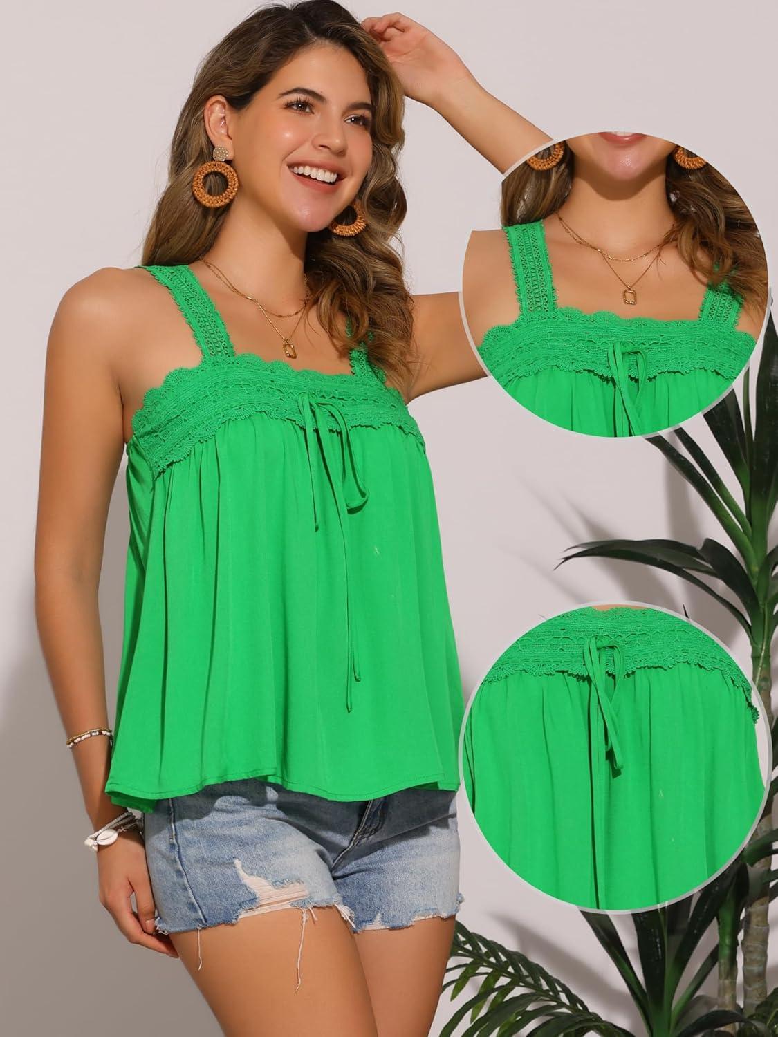 imageAllegra K Casual Sleeveless Top for Womens Square Neck Panel Lace Ruffles Tank TopsGreen