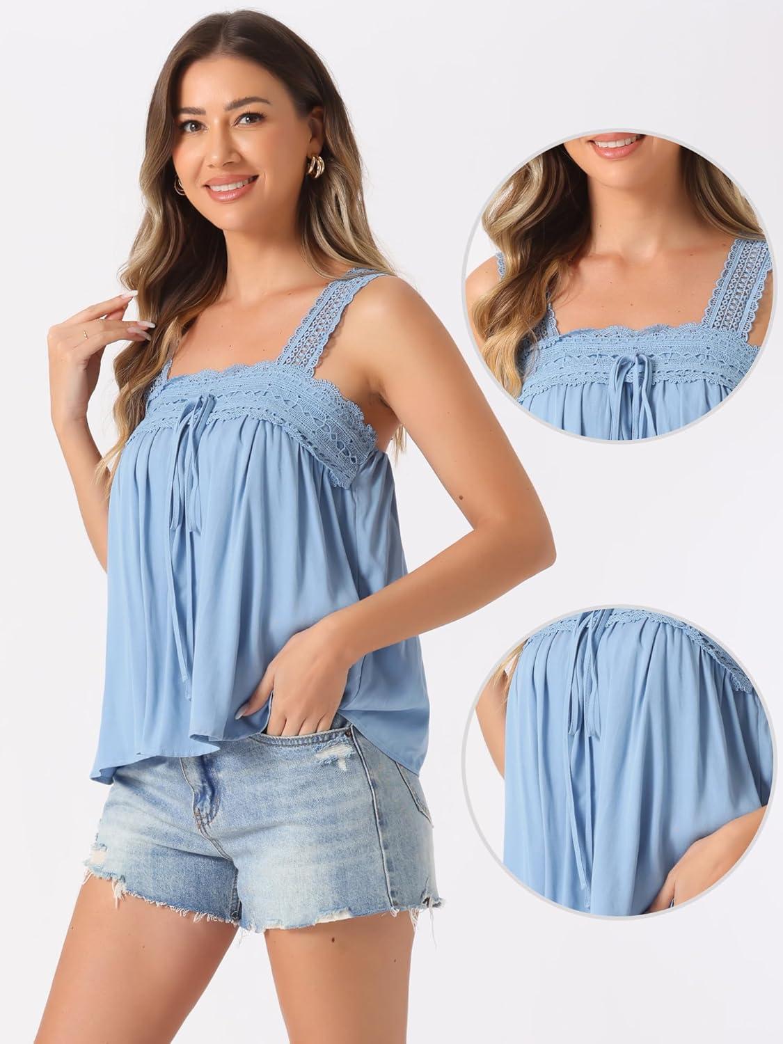 imageAllegra K Casual Sleeveless Top for Womens Square Neck Panel Lace Ruffles Tank TopsLight Blue