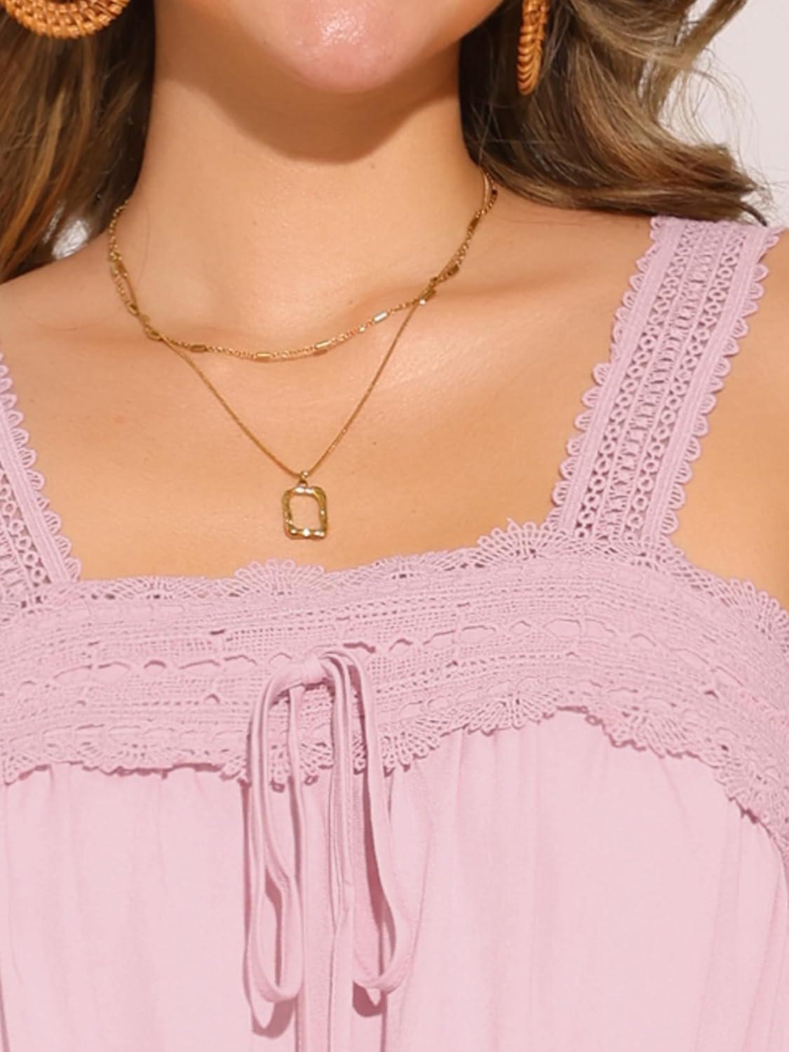 imageAllegra K Casual Sleeveless Top for Womens Square Neck Panel Lace Ruffles Tank TopsPink