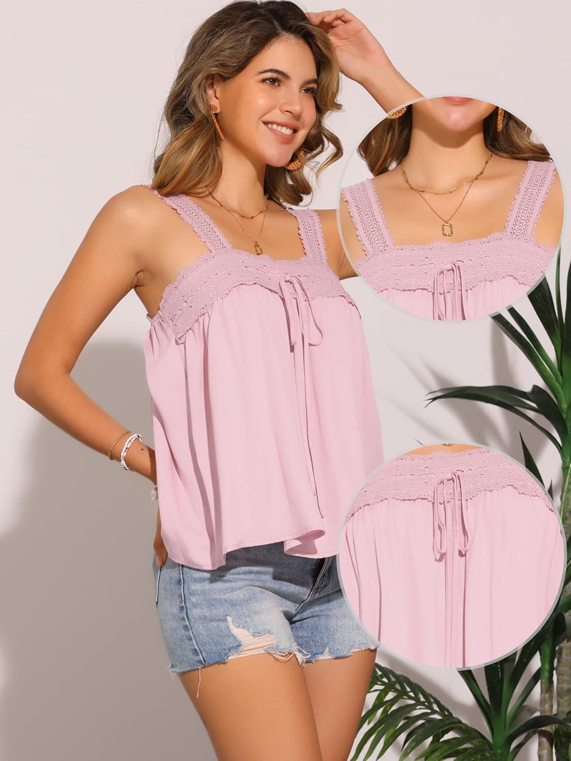 imageAllegra K Casual Sleeveless Top for Womens Square Neck Panel Lace Ruffles Tank TopsPink