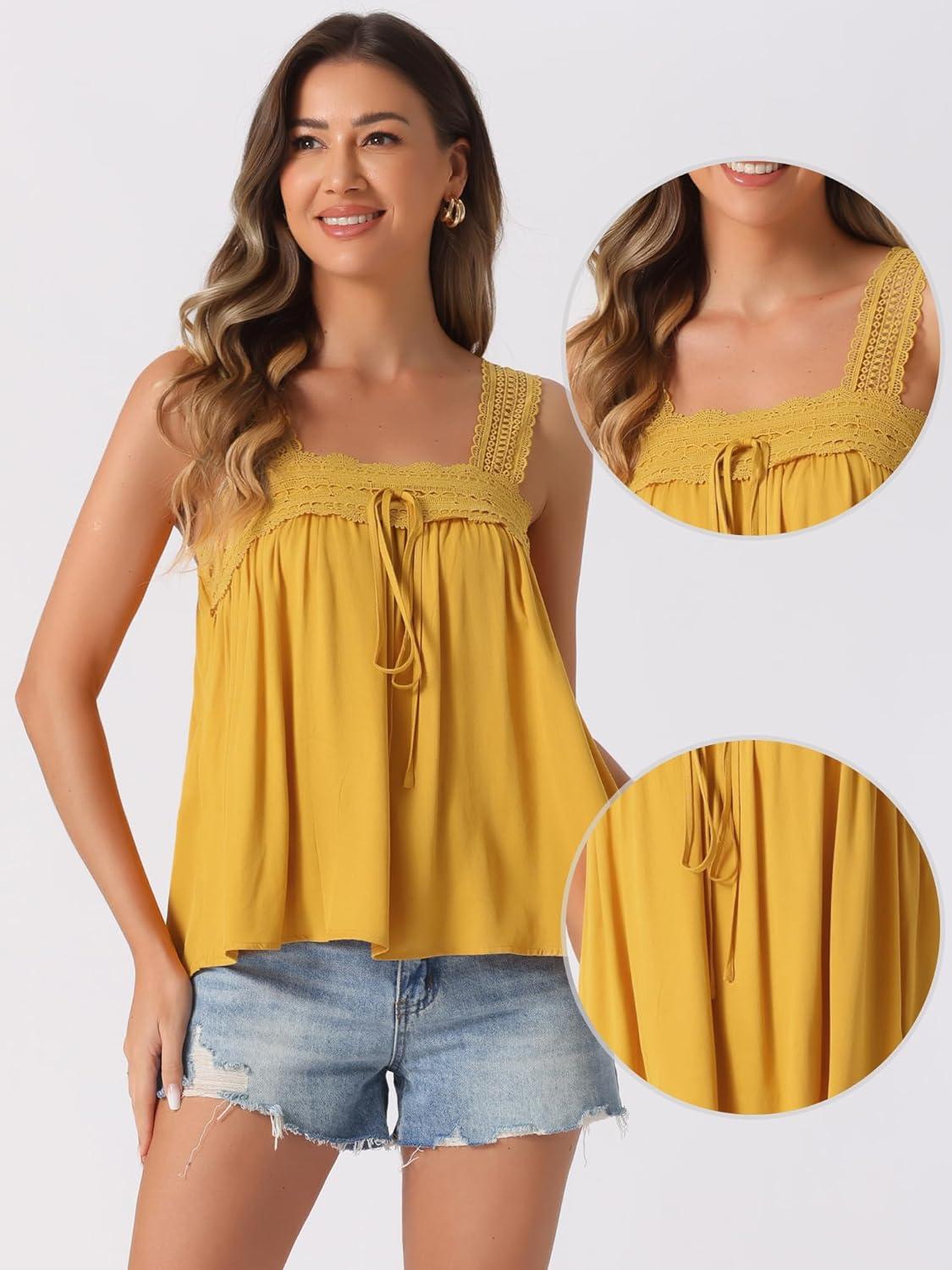 imageAllegra K Casual Sleeveless Top for Womens Square Neck Panel Lace Ruffles Tank TopsYellow
