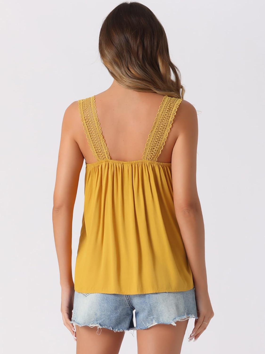 imageAllegra K Casual Sleeveless Top for Womens Square Neck Panel Lace Ruffles Tank TopsYellow
