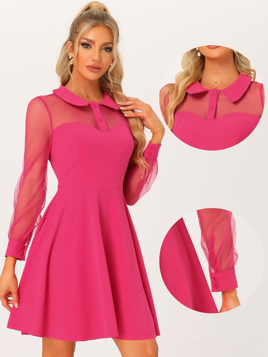imageAllegra K Cocktail Party Dress for Womens Sheer Mesh Panel Long Sleeve Mini ALine DressesHot Pink