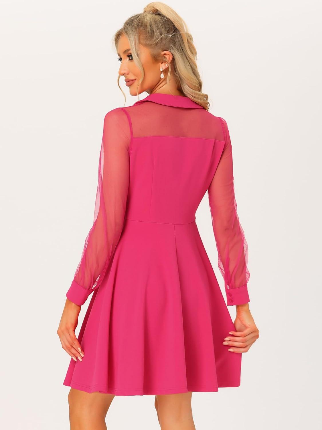 imageAllegra K Cocktail Party Dress for Womens Sheer Mesh Panel Long Sleeve Mini ALine DressesHot Pink