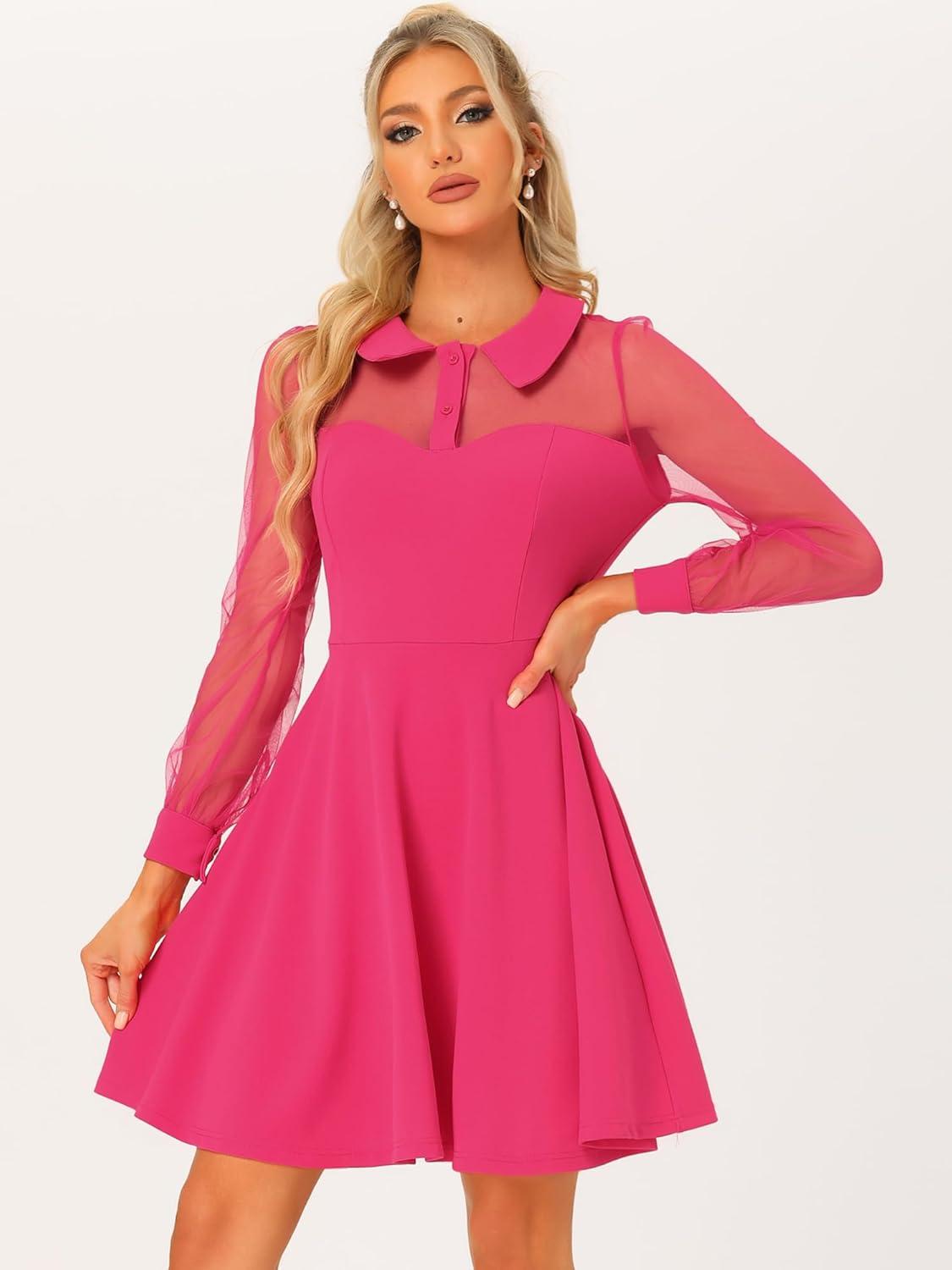 imageAllegra K Cocktail Party Dress for Womens Sheer Mesh Panel Long Sleeve Mini ALine DressesHot Pink