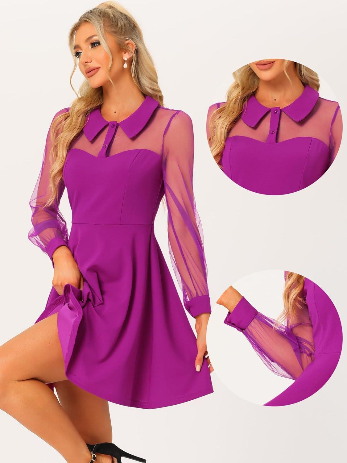 imageAllegra K Cocktail Party Dress for Womens Sheer Mesh Panel Long Sleeve Mini ALine DressesPurple
